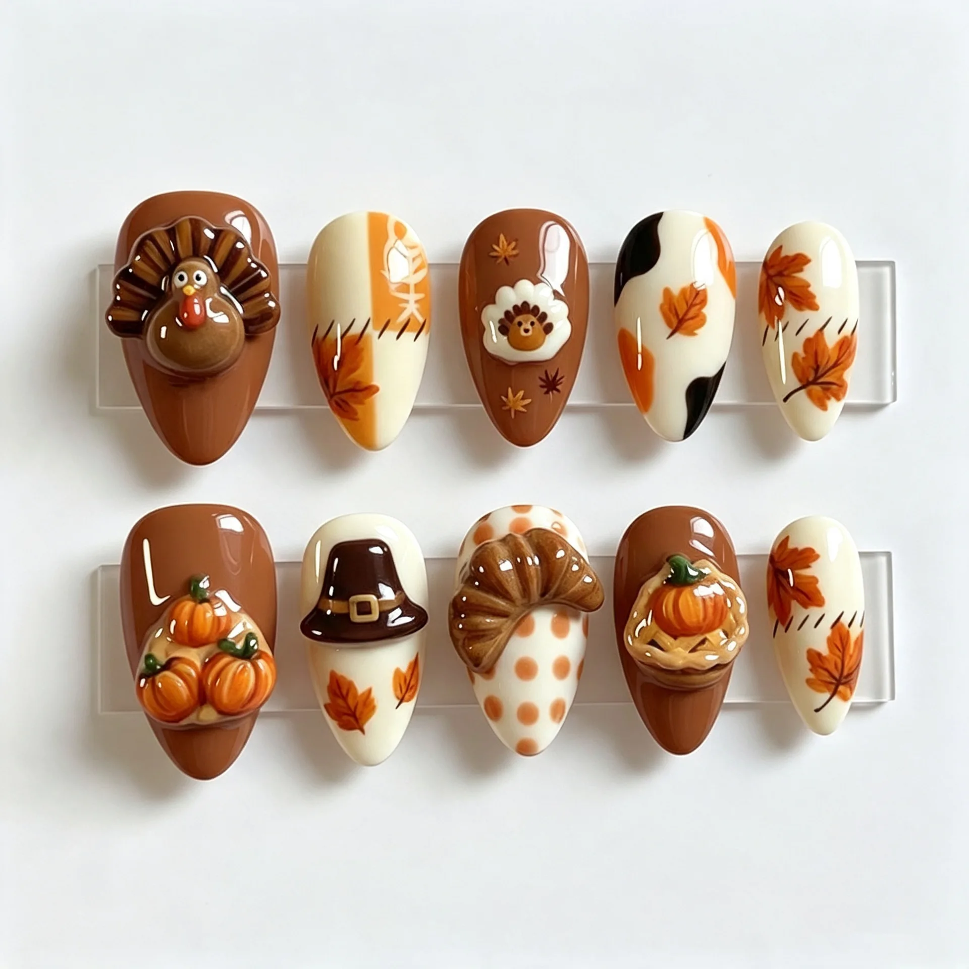 30pcs 3D Polka Dot Glossy Press On Nails Pumpkin Turkey Maple Leaf Croissant Fake Nail Short Almond Full Coverage Nail Tips