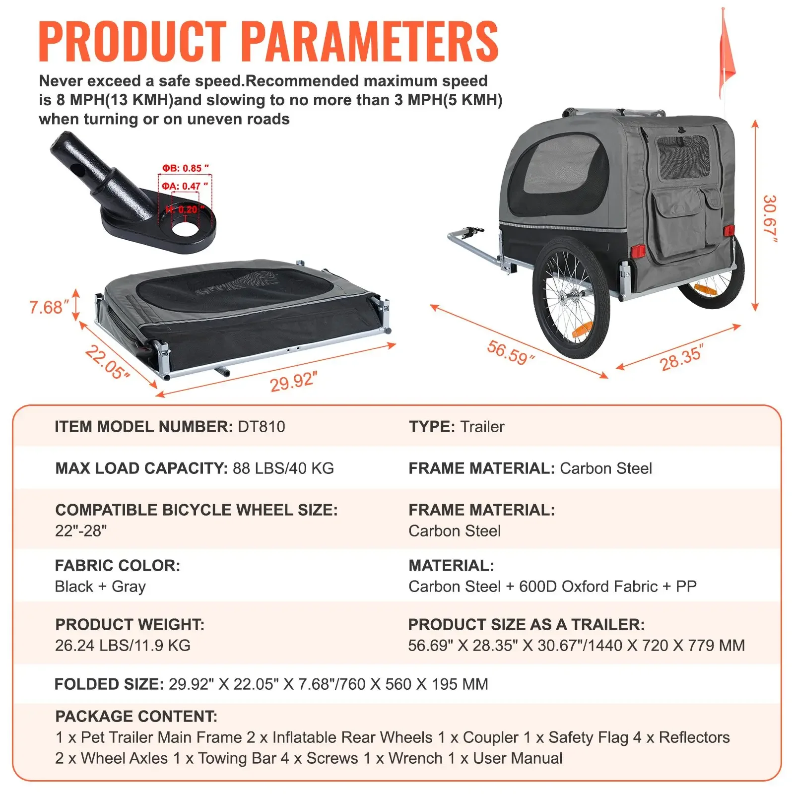 Dog Bike Trailer, Supports up to 88 lbs, Pet Cart Bicycle Carrier, Easy Folding Frame with Quick Release Wheels, Universal Bicycle Coupler, Reflectors, Flag, Collapsible to Store, Black/Gray - view 5