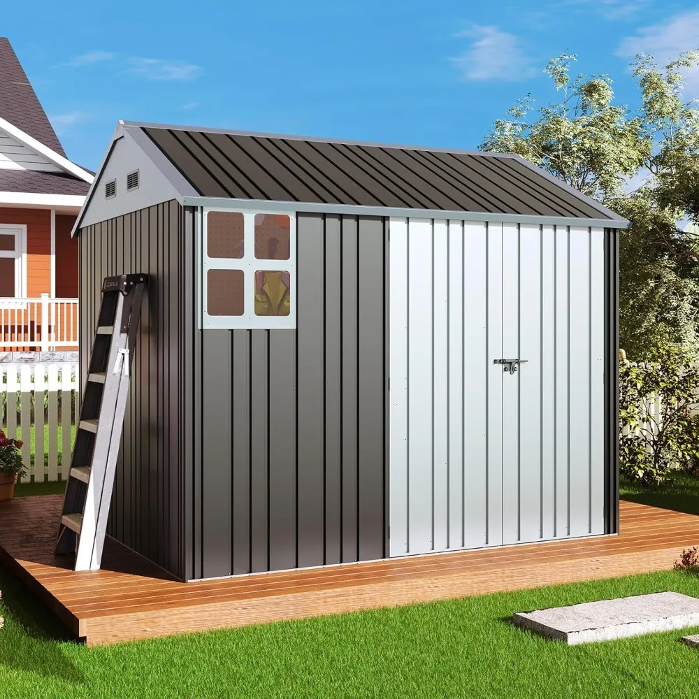 

8.5x7.1x7.5 FT Outdoor Storage Shed with 4 Vents, Metal Shed with Lockable Double Hinged Doors for Backyard, Dark Black/White
