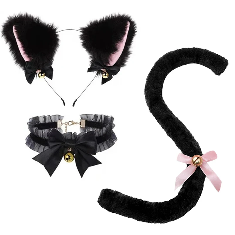 Plush Long Cat Tail with Ribbon Bowknot Bell Plush Furry Cat Ears Headwear White Lace Women Girls Party Cosplay Headwear