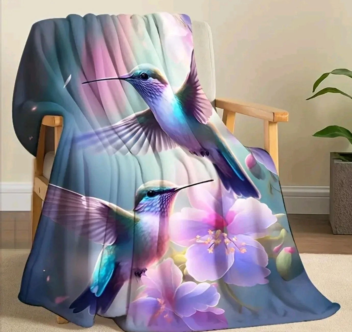 

Hummingbird and Flowers Pattern Blanket Dreamy Color Design Soft Warm Sofa Throw Bedroom Decorative Blanket