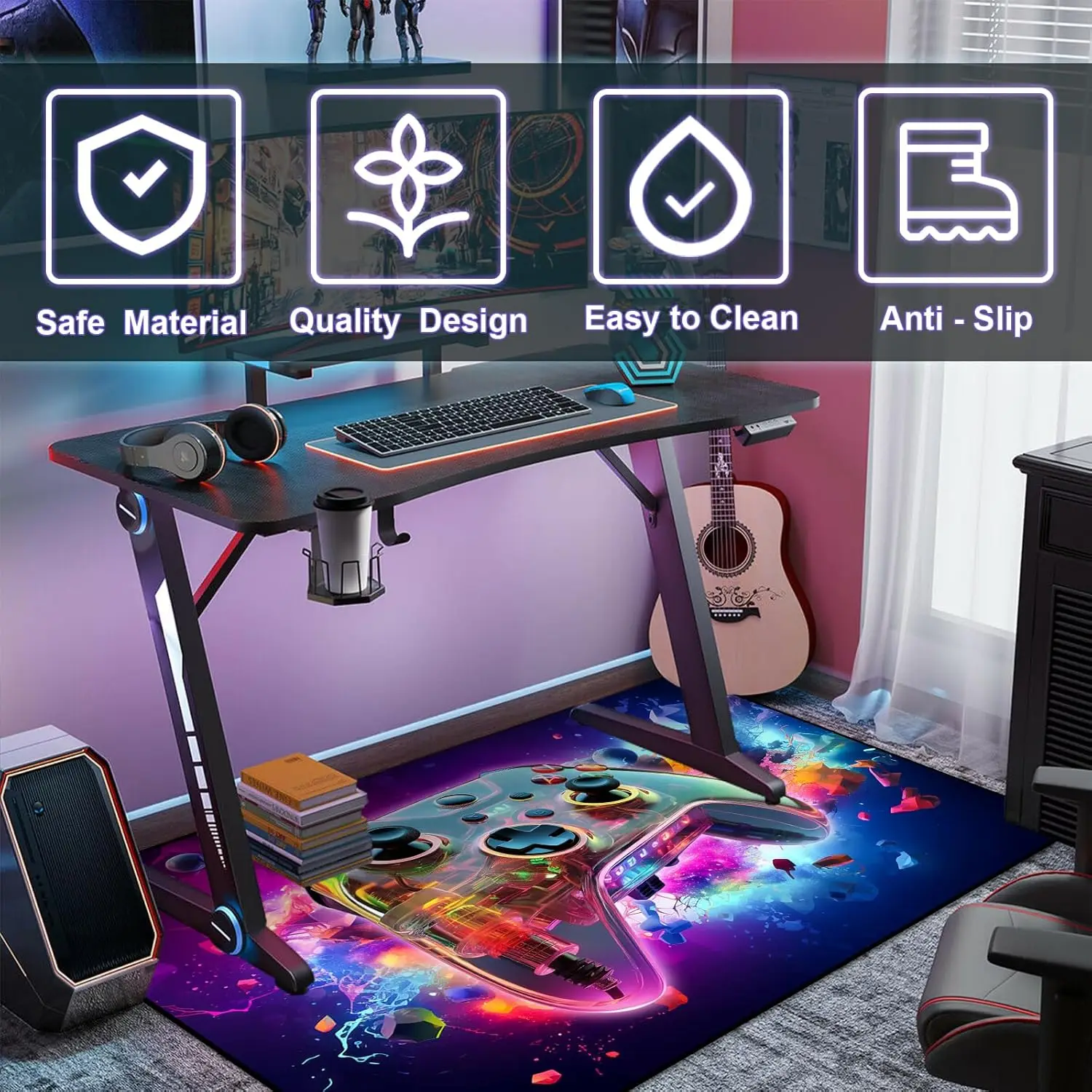 Transparent Neon Game Controller Rug, Color Geometric Splash Print, Non-Slip Washable Soft Mat for Bedroom Room Game Room Indoor