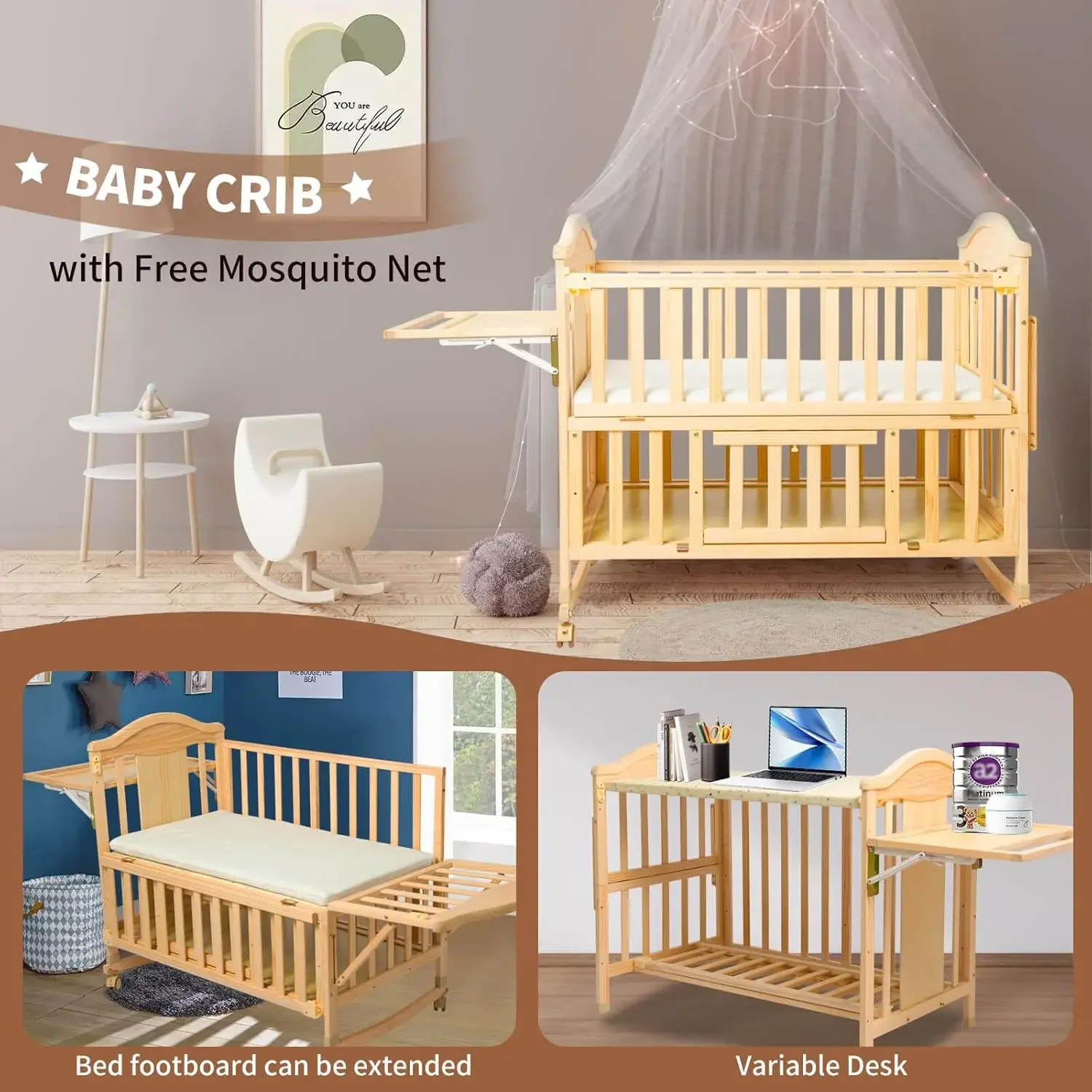 Mini-Babybetten 4-in-1 umwandelbar – Cunas para Bebes mit Wickelregal und Matratze im Lieferumfang enthalten, Babybecken aus Holz 2024