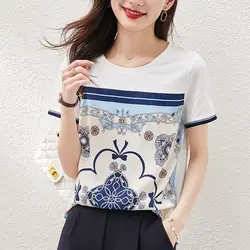 Korean Fashion Summer New Women's Round Neck Printing Patchwork Simple and Casual Versatile Short Sleeve Loose T-shirt Tops