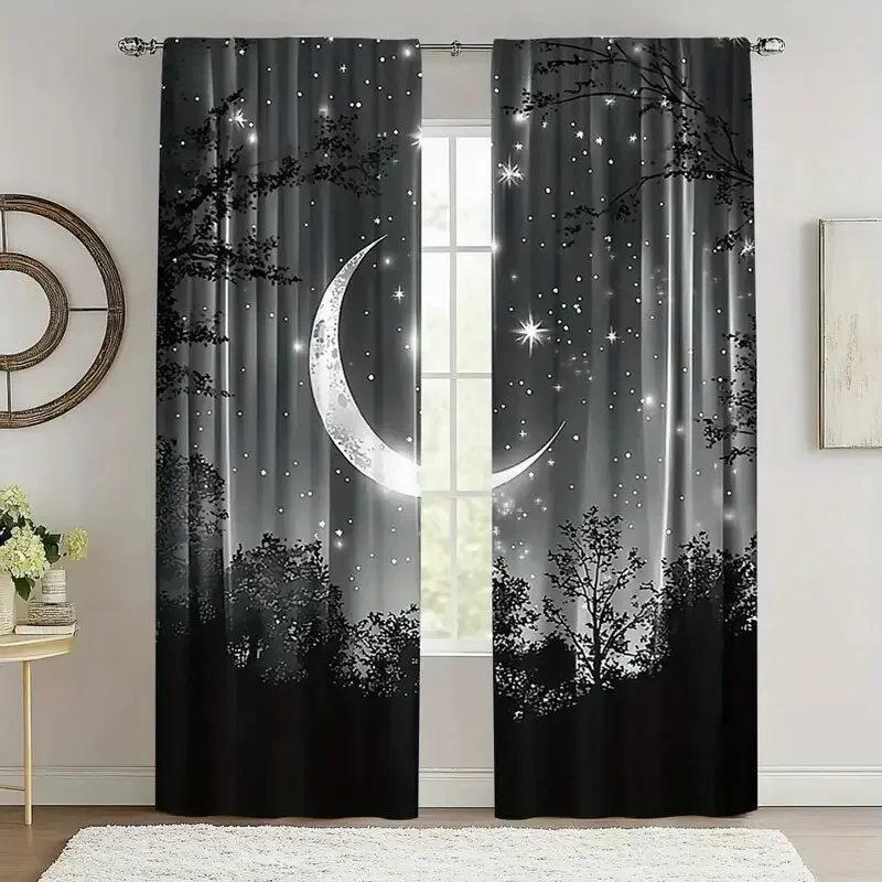 2pcs -The starry sky and the moon at night room decorations print curtains, pole bag curtains, home decoration, room decoration