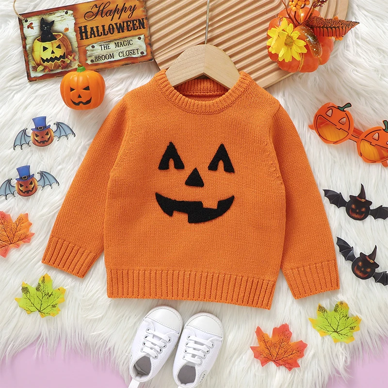 Suefunskry Toddler Boys Girls Halloween Sweaters Witch Pumpkin Long Sleeve Round Neck Knitted Pullover Tops for Fall Winter