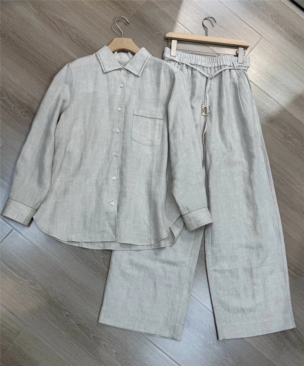 

Women's Lape Long-Sleeve Shirt /Casual Shorts/High-Waisted Straight-Leg Pants 3 Piece Set