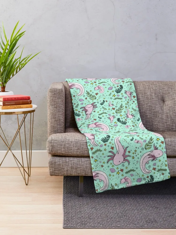 Axolotls in Green Throw Blanket Travel Beach Hair Blankets