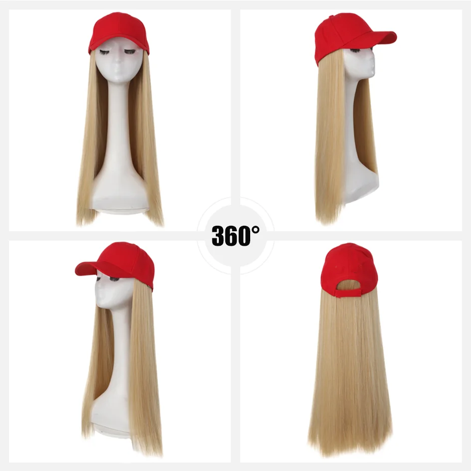 Hat Wigs-synthetic 22inch red baseball cap straight hair wig ducktail long straight hair wig hat extensions wigs christmas hat