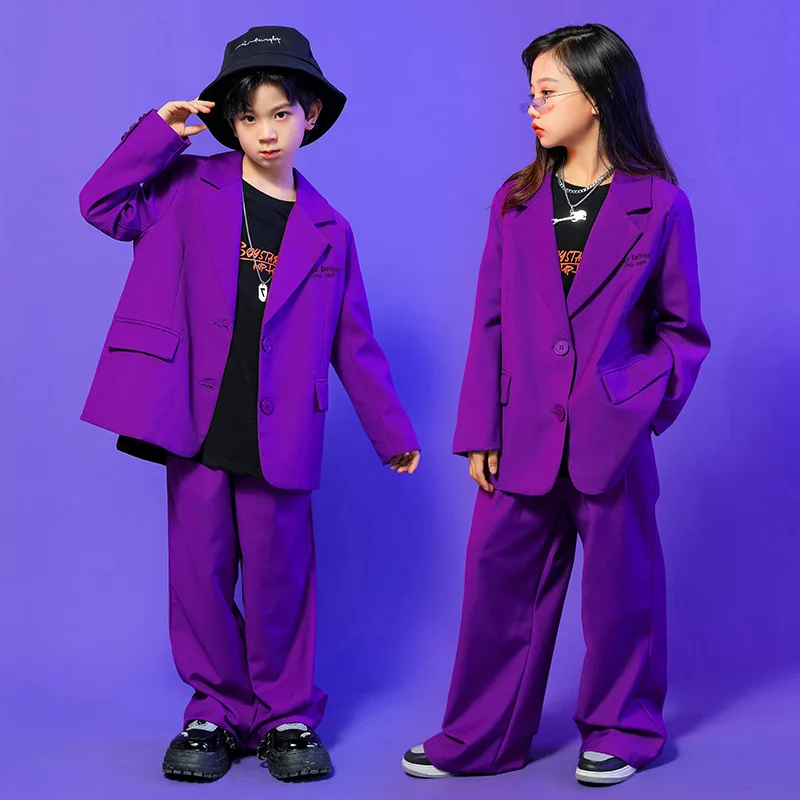 Kid Hip Hop Clothing Purple Blazer Shirt Jacket Top Casual Wide Leg Baggy Pants for Girl Boy Dance Costume Suit Clothes Outfits