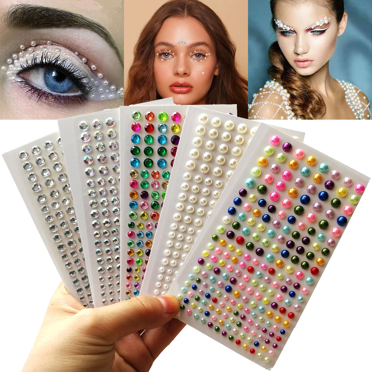 11Sheet Artificial White Pearls Eyes Face 3D Self Adhesive Nail Rhinestones Temporary Tattoo Flat Back Bling Gem Stickers