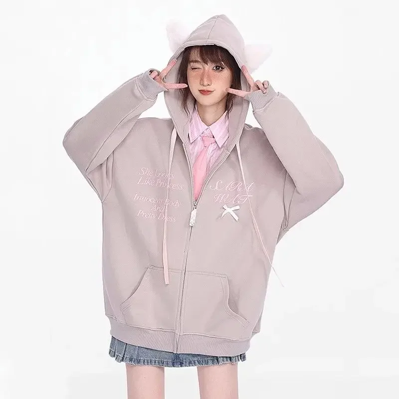 Hooded Sweatshirt Women Autumn Winter Padded Thickened Loose Cardigan Letter Print Sweats Hoodie Zipper Collegiate Style Jacket