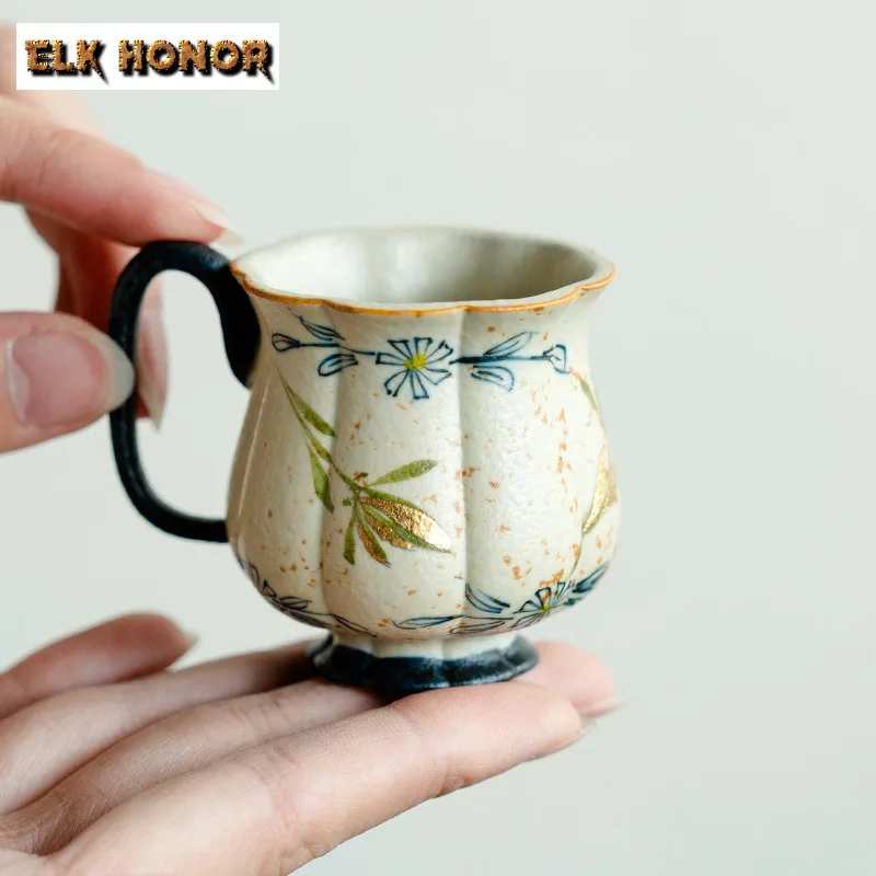 

50ML Hand-painted Butterfly Orchid Flint Red Teacup Antique Handle Tea Bowl Tea-tasting Smelling Cup Chazhan Master Cups Teaset