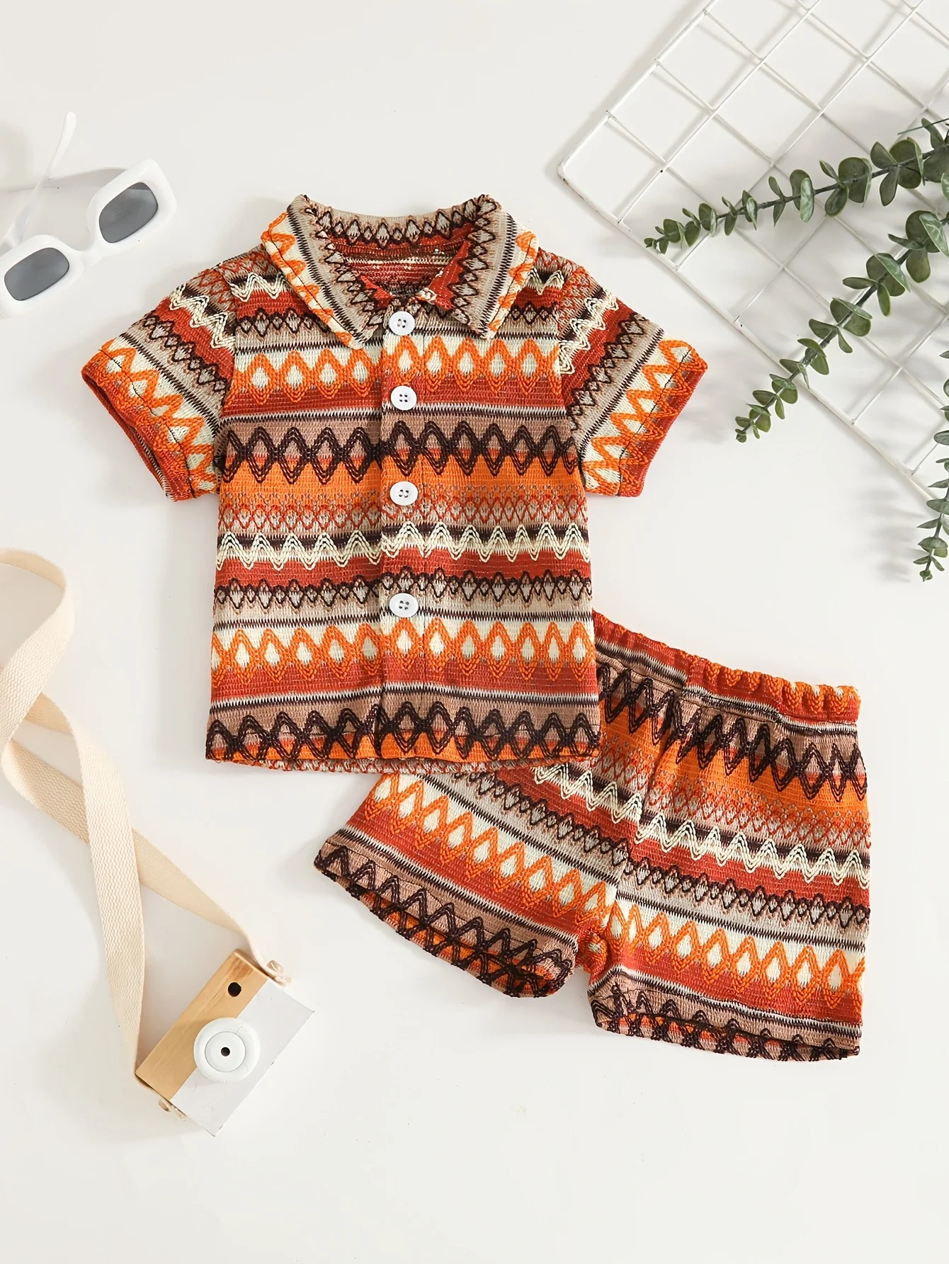 INS Middle East Style Baby Boys Summer Knitted Outfit Geometric Print Lapel Tee Shorts Beach Holiday Set