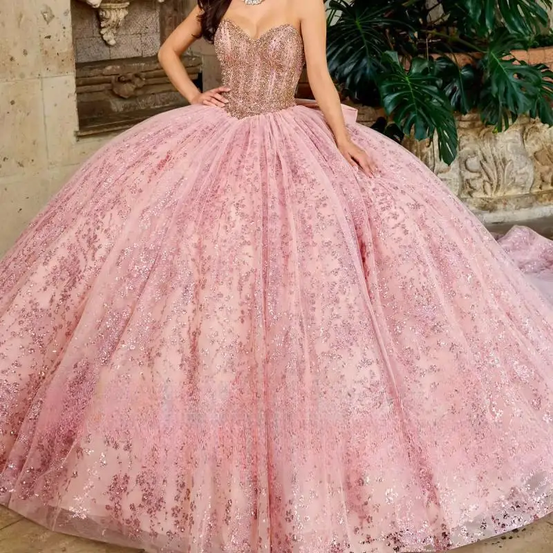 

Luxuly pink A-line skirt Princess Ball Gown Quinceañera Dresses Glittering Sequins Beading Birthday Party For 15th Customized