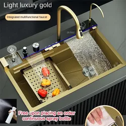 Gold Golden Cocina Integrated Waterfall Kitchen Sink Honeycomb Technology Large Digitial Display 304 Stainless Steel Cup Washer