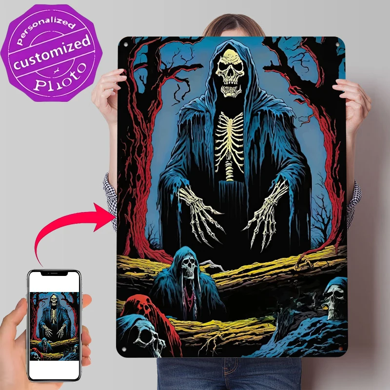 Grim Reaper and Skeletons in a Dark Forest Tinplate Poster Customized Wall Art Retro Vintage Metal Signs for Fans Office Decor