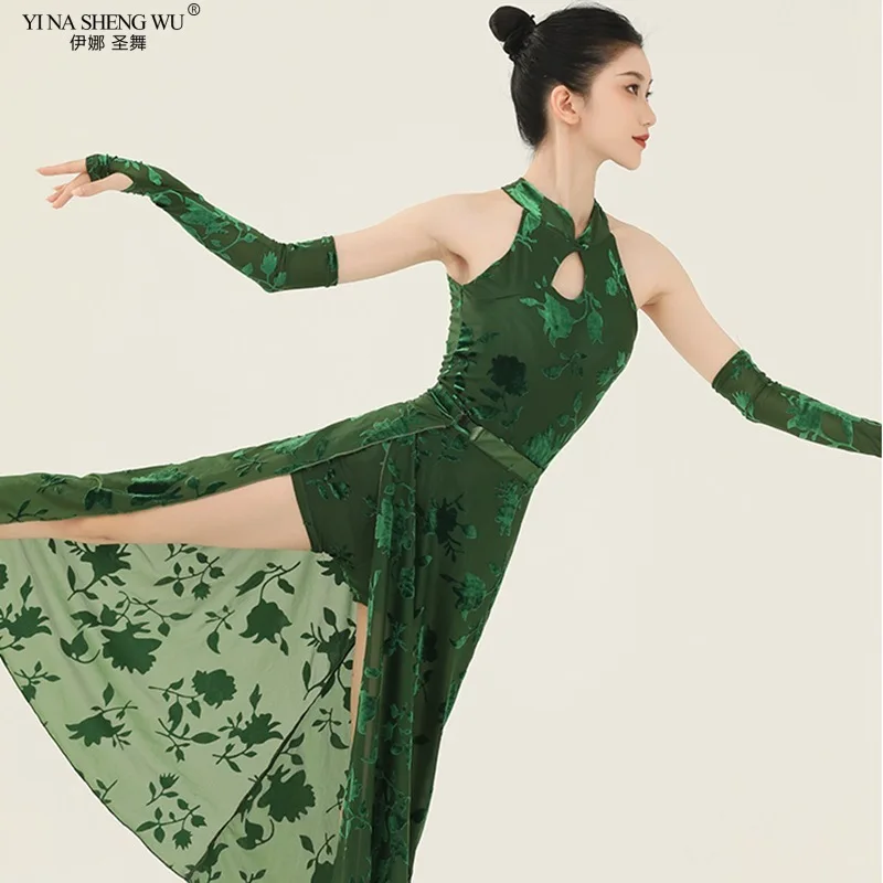 Classical Dance Costume Dark Green Long Dress Women Jacquard Chinese Style Cheongsam Sheath Hole Sleeveless Evening Party Dress