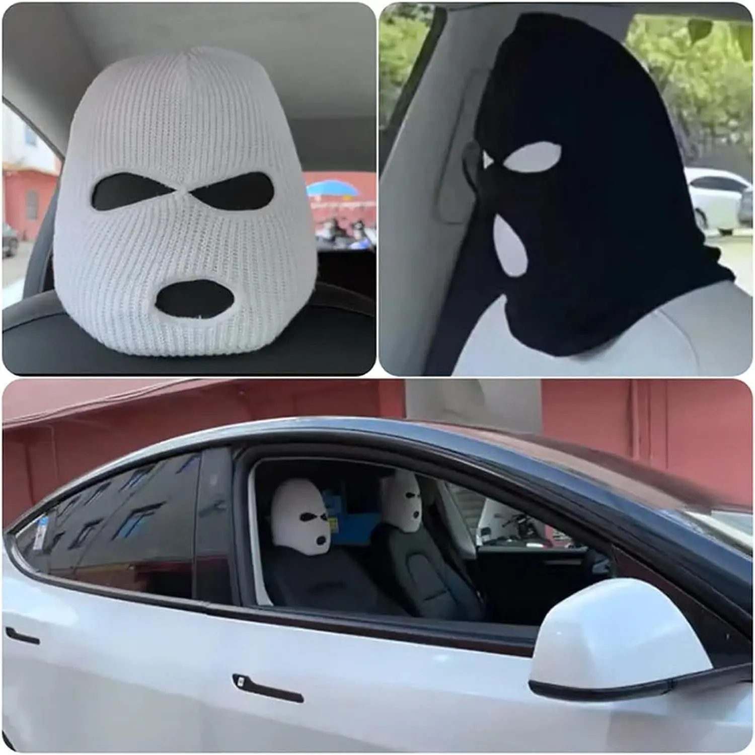 Spoof Car Seat Cover Masked Person Knitted Headgear Halloween Headrest Cover Decoration Car Anti-theft Warning Accessories