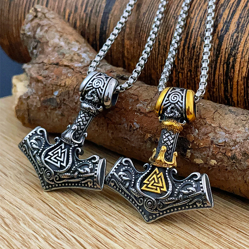 

Punk Crown Viking Thor's Hammer Pendant Necklace Stainless Steel Vintage Viking Valknut Necklace Men Chain Biker Jewelry Gift