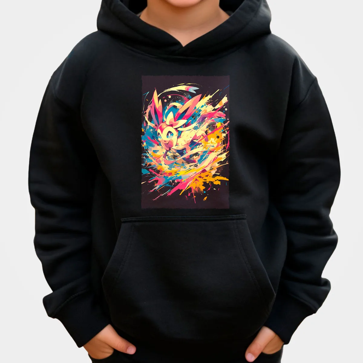

Pokemon Anime Sylveon Cotton Hoodie Black with Pink Blue Yellow Multi Color Aura Effect Loose Fit Autumn Winter Warmth Casual