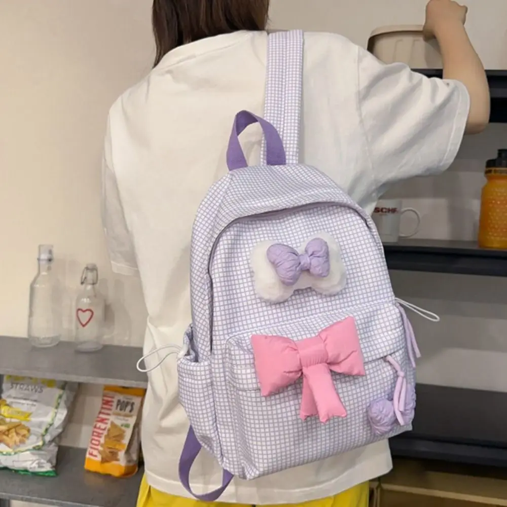 

Large Capacity Cute Bowknot Backpack Lattice Korean Style Nylon Student School Bag Lightweight Solid Color