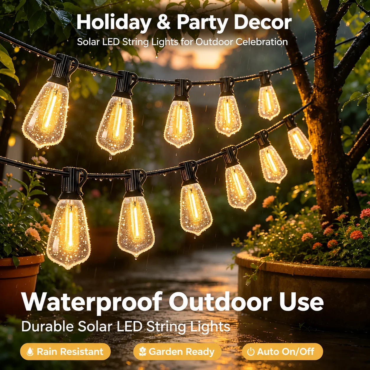 Waterproof Solar LED String Lights, 20 Bulb Fairy Garland Lights for Outdoor Garden Patio Wedding Holiday Decoration