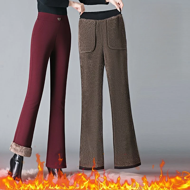 

Simplicity Casual Autumn Winner New Flare Pants Women Solid Pockets Elastic High Waist Plus Velvet Thicken SlimWide Leg Trousers