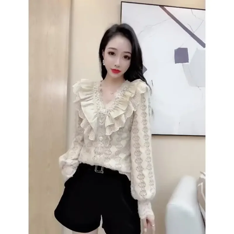 

Женская кружевная базовая рубашка с v-образным вырезом и рюшами, облегающий топ с объемными рукавами