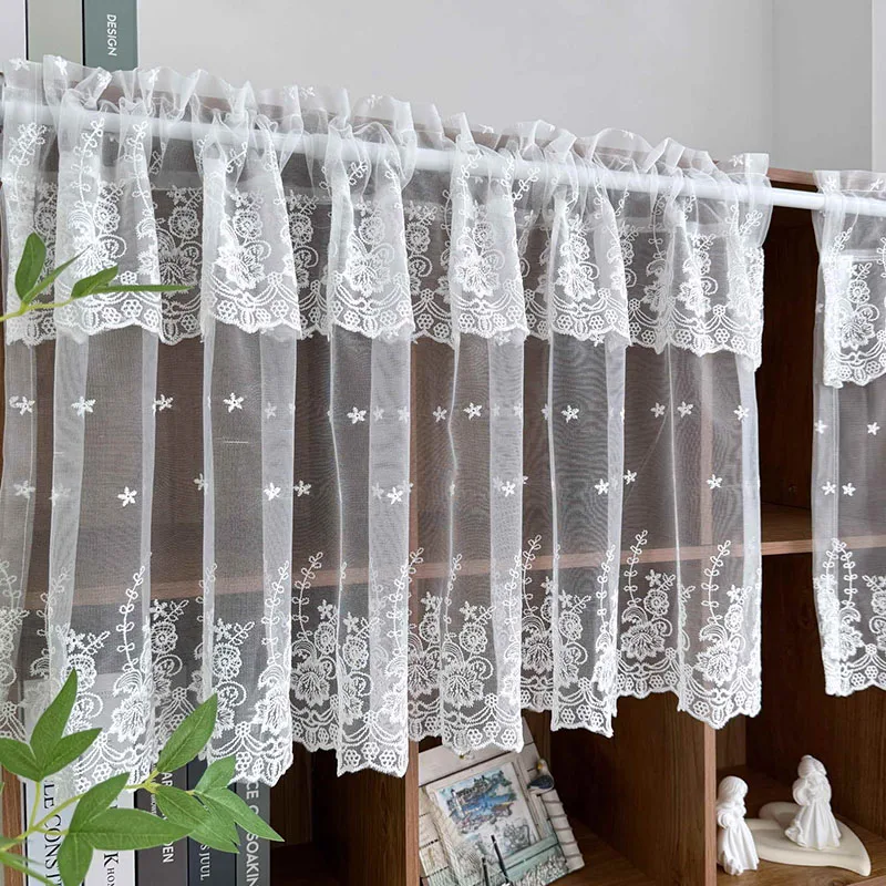 Korean Pastoral Style White Flower Embroidered Double Layer Lace Cafe Curtain For Kitchen Cabinets Farmhouses Homestays Home Dec