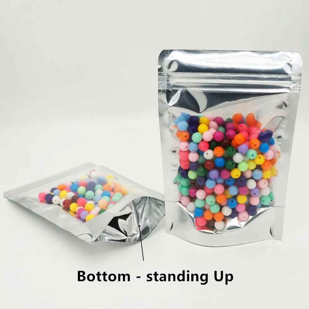 9*14cm 100pcs Stand Translucent Aluminium Zipper Bags, Front Clear Metallic Mylar Ziplock Bag,Reclosable Plastic Pouch Food Sack