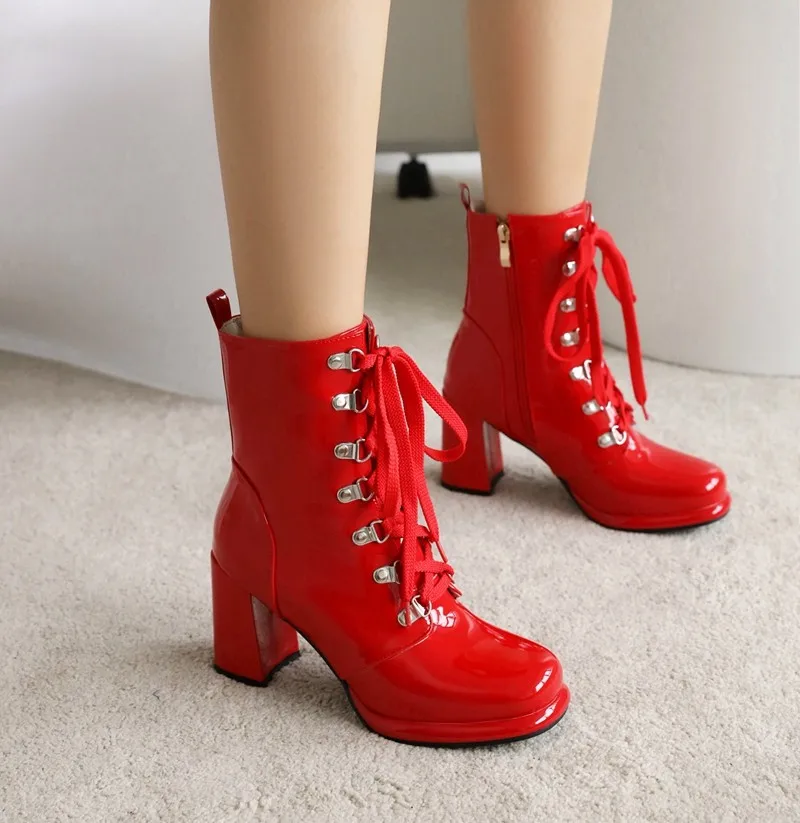 

Ботильоны женские из лакированной кожи, на шнуровке, на высоком каблуке, модная обувь для ночного клуба, белые желтые телесные