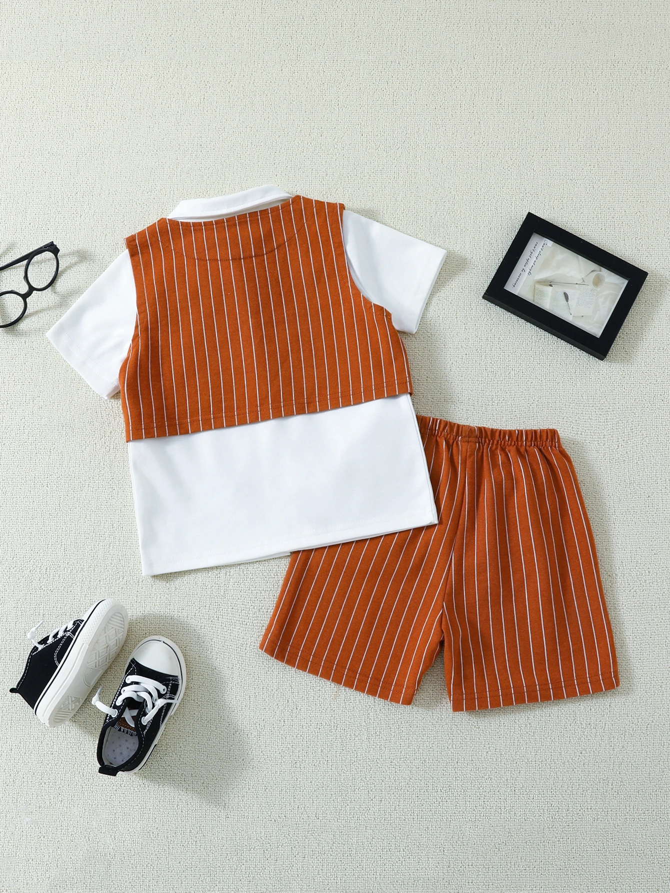 Cute Kid's Brown Striped Three-Piece Set with Bowtie White Shirt Vest Shorts Little Gentleman Party Outfit