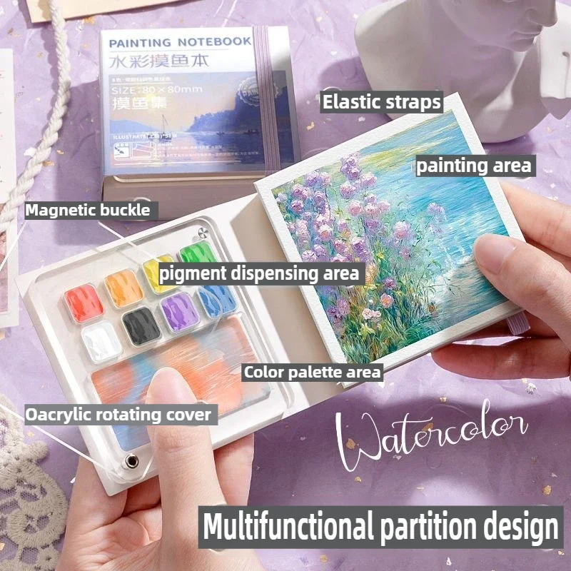 صينية صغيرة محمولة 50 ورقة كراسة رسم بألوان مائية متوسطة السمكة مع لوحة صينية طلاء أدوات مكتبية فنية للوازم المدرسية