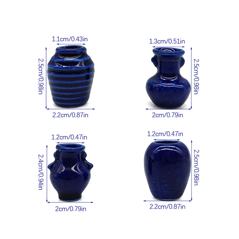 4Pcs 1/12 Dollhouse Mini Jars Ceramic Blue Vase Model Doll Home Scene Ornament Toy Micro Landscape Decoration Prop Accessories