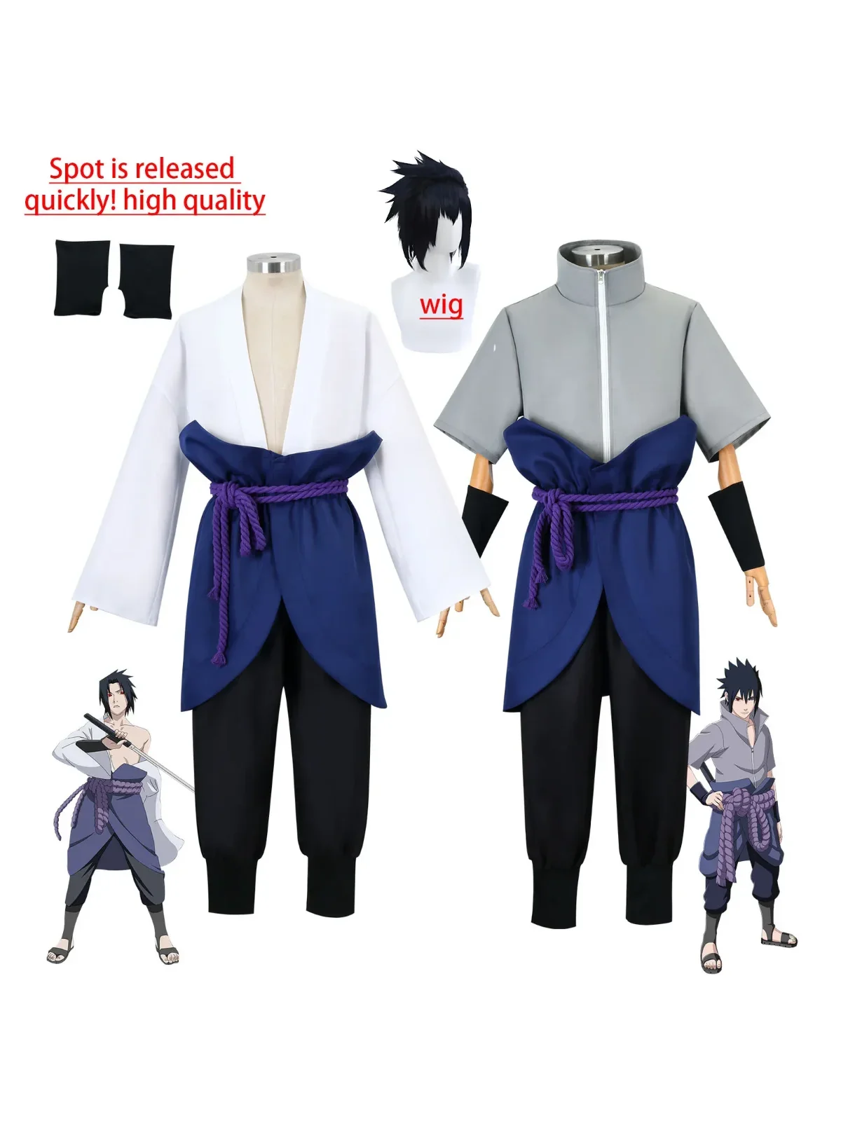 Zestaw Kostiumu Cosplay Uchiha Sasuke - Anime Hokage Shippuden Trzecia Generacja Szary Strój z Peruką na Halloween — 2