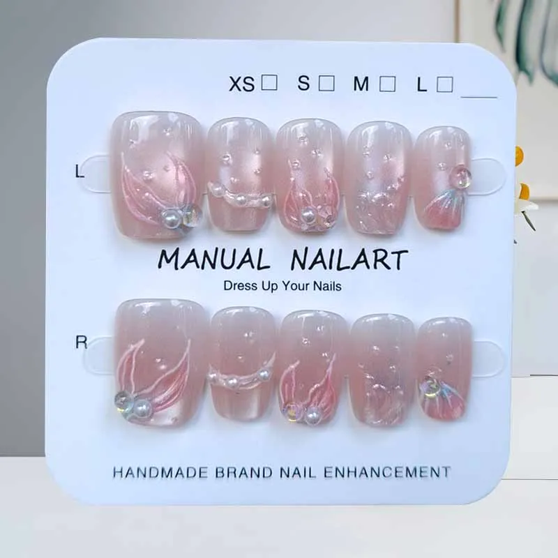 10 stuks Ocean Secret Realm Blue Matte Vissenstaart Aurora Korte Ronde Kop Druk op Nagels Roze Vissenstaart met Parel Flase nagel Patch