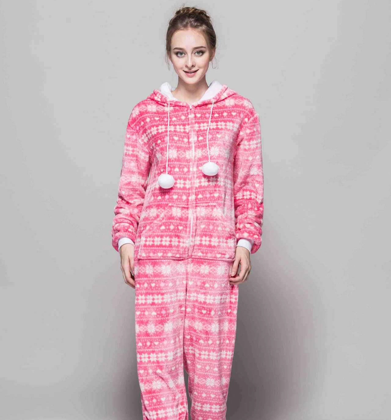 Adult Onesies Pink Hooded Flannel Pajamas Women\'s One Piece Sleepwear Christmas Jumpsuit Gifts For Winter New Year Onesie Pijama