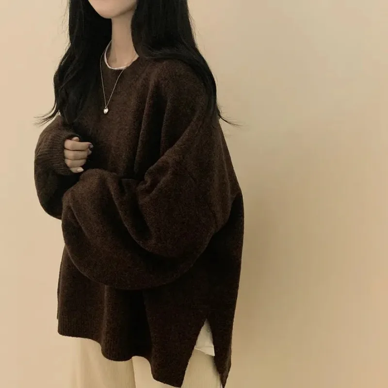 후드 스웨터, 가을/겨울 라운드 넥 스웨터, 루즈하고 여유로운 중간 길이 스타일, 슬릿 두꺼운 니트 스웨터