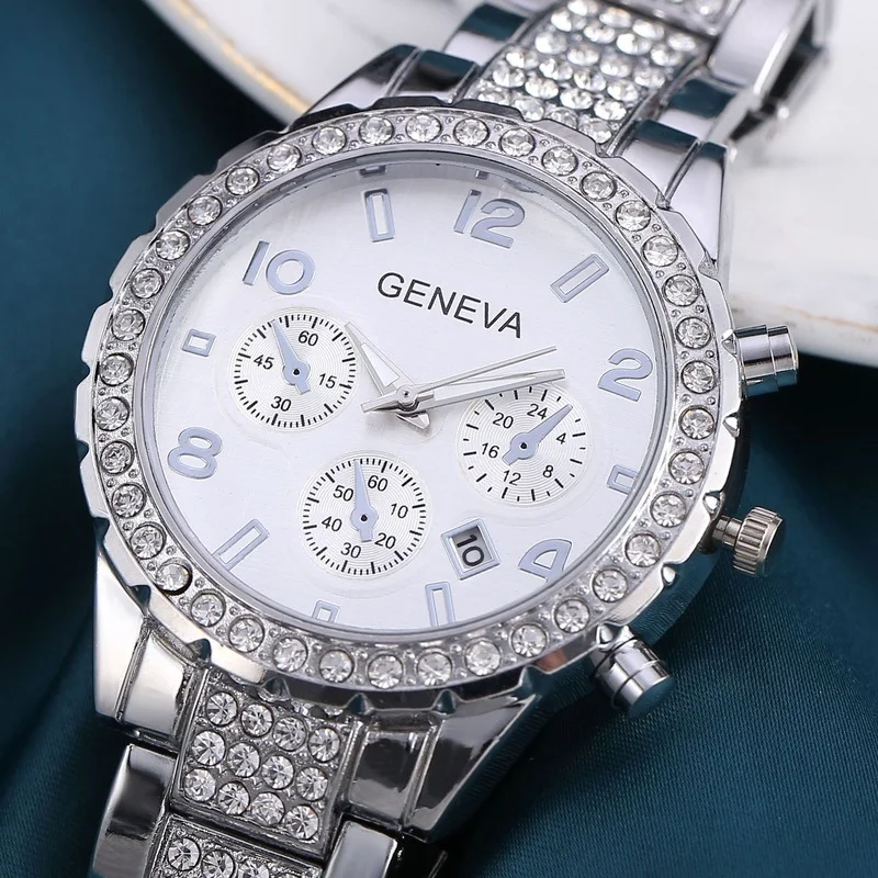 Relojes de pulsera para Mujer, pulsera de cuarzo de acero inoxidable plateado con fecha, Reloj de pulsera de cristal de Hip Hop para Mujer