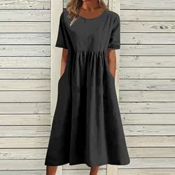 2024 Summer new S-2XL Vintage Cotton Linen Women Dress Casual Loose O-Neck Short Sleeve Fashion Maxi Dresses Vestidos Mujer