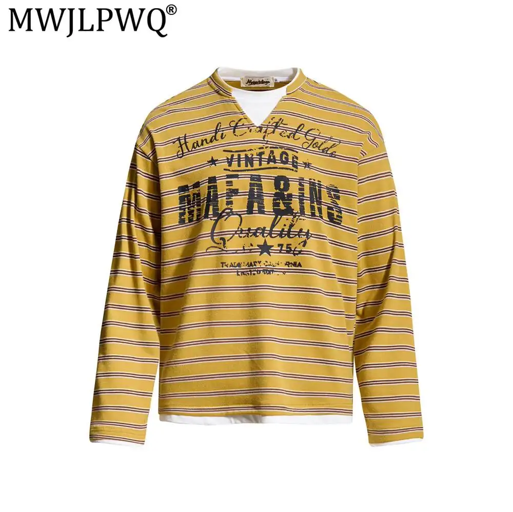 MWJLPWQ Fake Two-Piece Color-Block Striped Long-Sleeve T-Shirt For Men Spring Autumn Ins American Street Style Loose Tops 20308