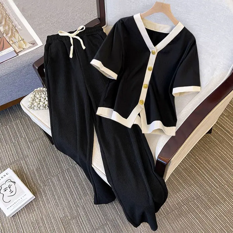 Knitted Two Piece Set Pajamas Women Cardigan+ Wide Leg Pant Sets Short Sleeve Korean Home Suit Patchwork Spring Outfit Tracksuit
