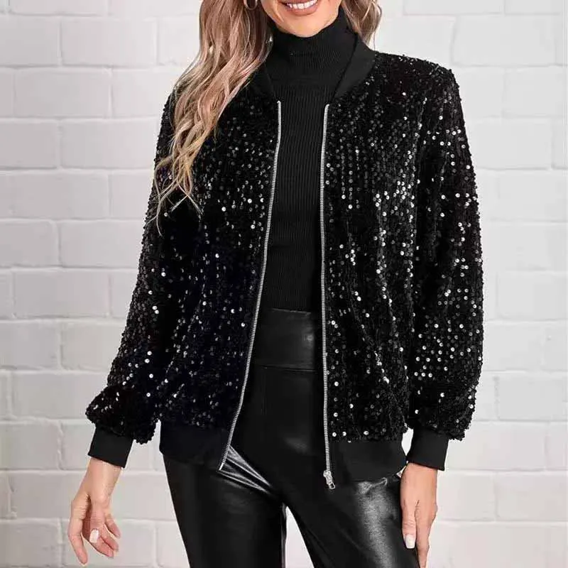 

American Heavy Industry Sequin Spring and Autumn Jacket Autumn and Winter New Fashion Top Jacket Versatile Korean Version of Loo