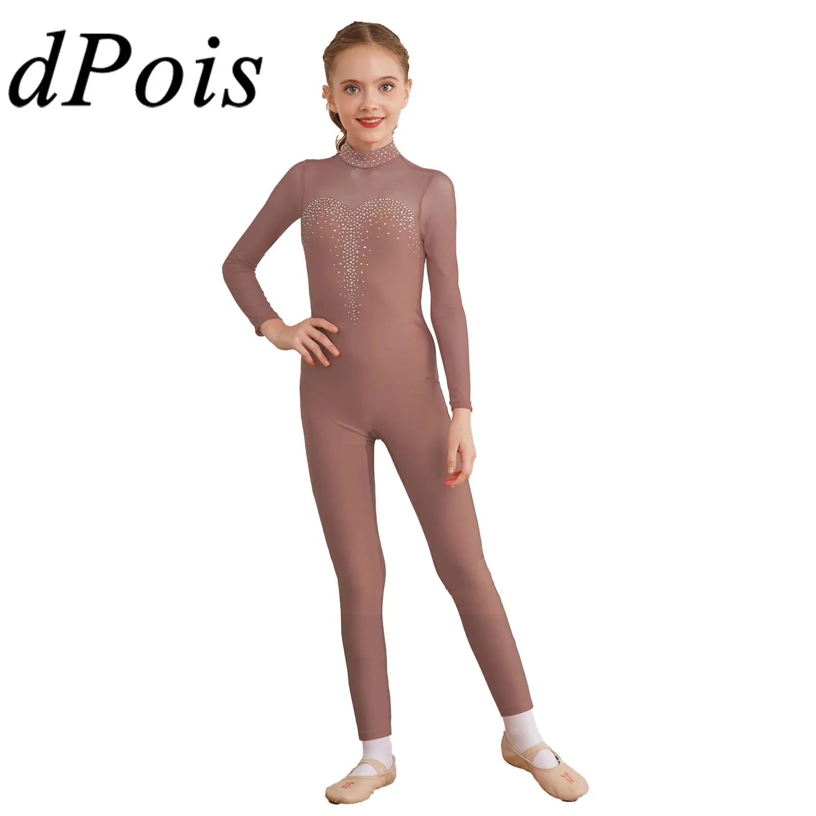 

Kids Skating Unitard for Girls Shiny Rhinestone Bodysuit Sheer Mesh Long Sleeve Catsuit Children's Gymnastics Jumpsuit Dancewear