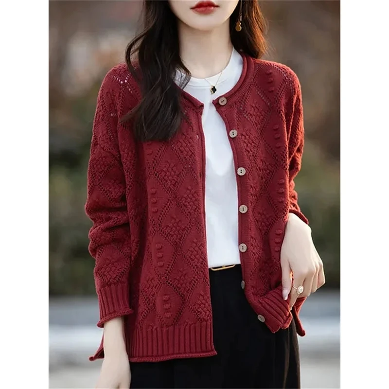 

New Spring Cotton Cardigan Sweater 2024 Women O-Neck Curled Edge Hollow Out Female Long Sleeve Tops Korean Fashion Loose Sweater