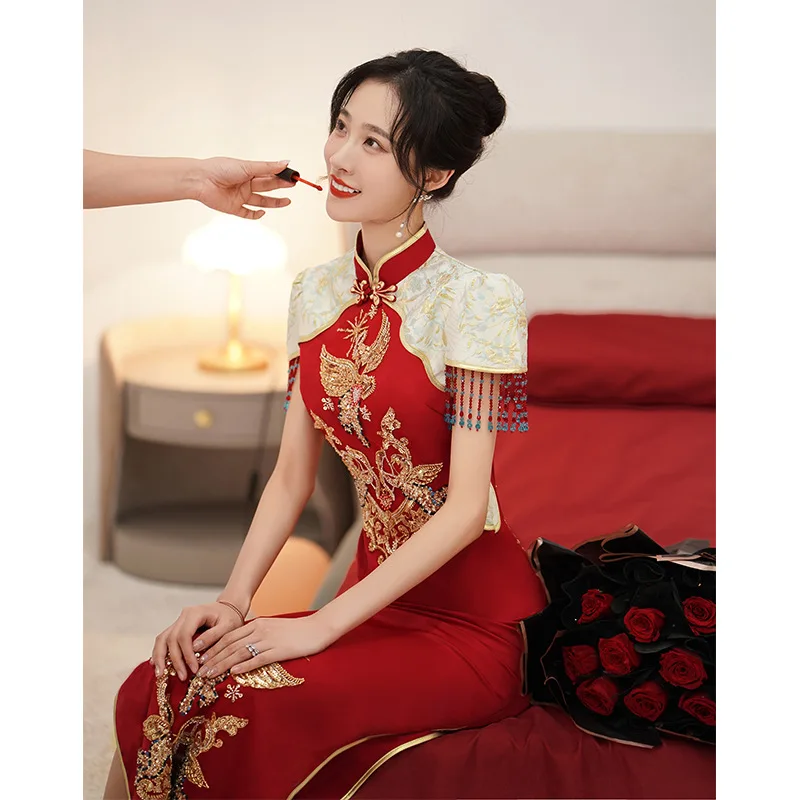 

Bridal Wedding Chinese Tassels Qipao Dress Mandarin Collar Cheongsam Formal Party Elegant Celebrity Evening Banquet Dresses