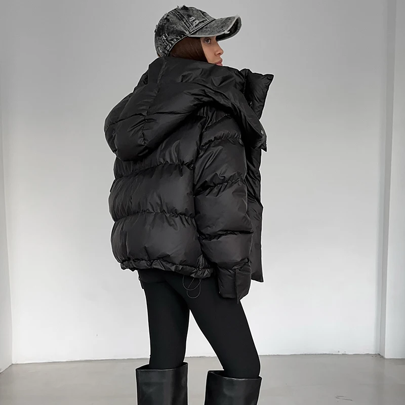 Kapuzenjacke mit Großen Taschen, Übergroße Gefütterte Jacken für Damen, Street-Style, Stehkragen, Lange Ärmel, Reißverschluss, Einfarbig, Lose Pufferjacken, Neue Oberbekleidung – Detail 26