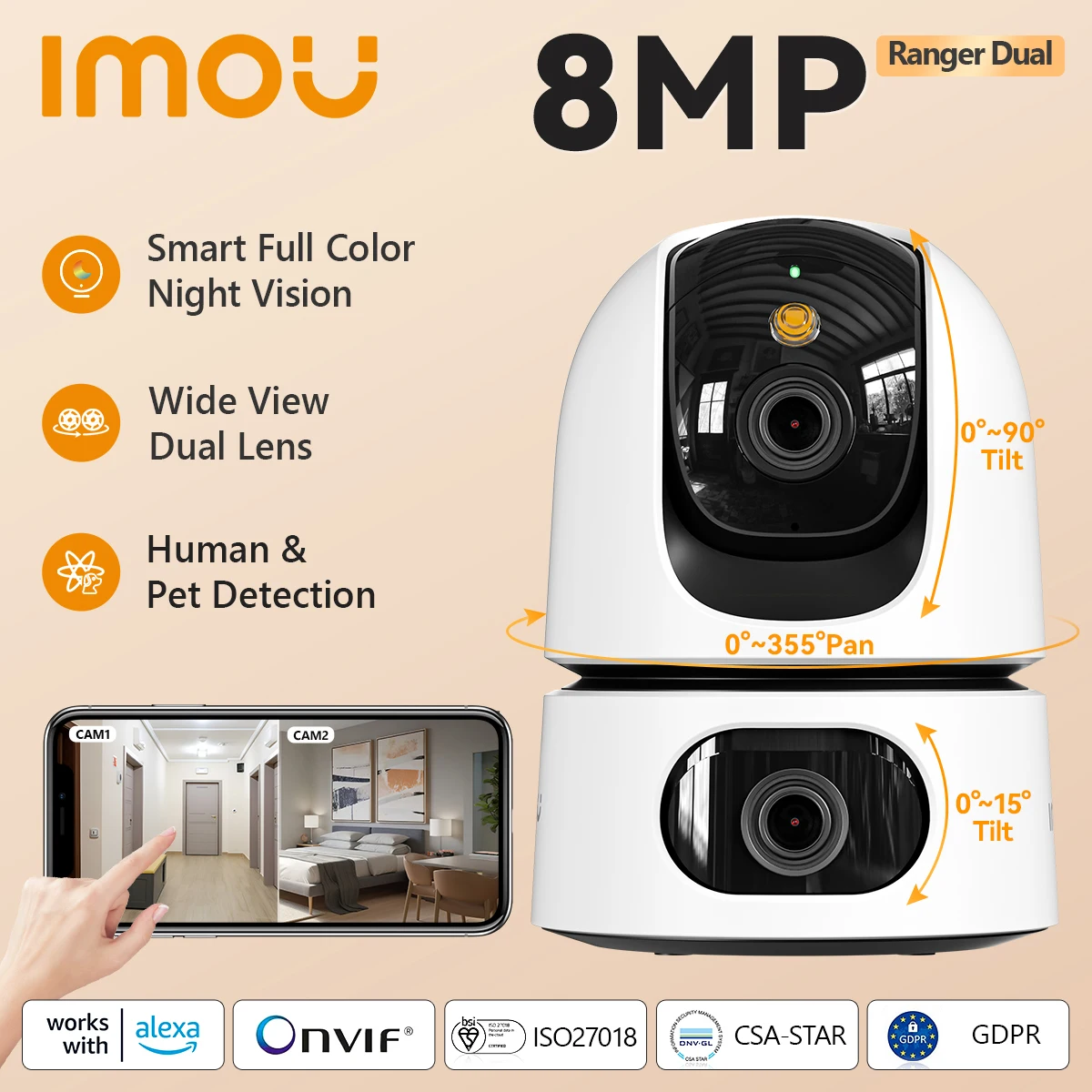 IMOU Ranger DuaI 8MP Indoor Camera Smart Full-color Night Vision Wide View DuaI Lens Human & Pet Detection Two-way Audio Monitor