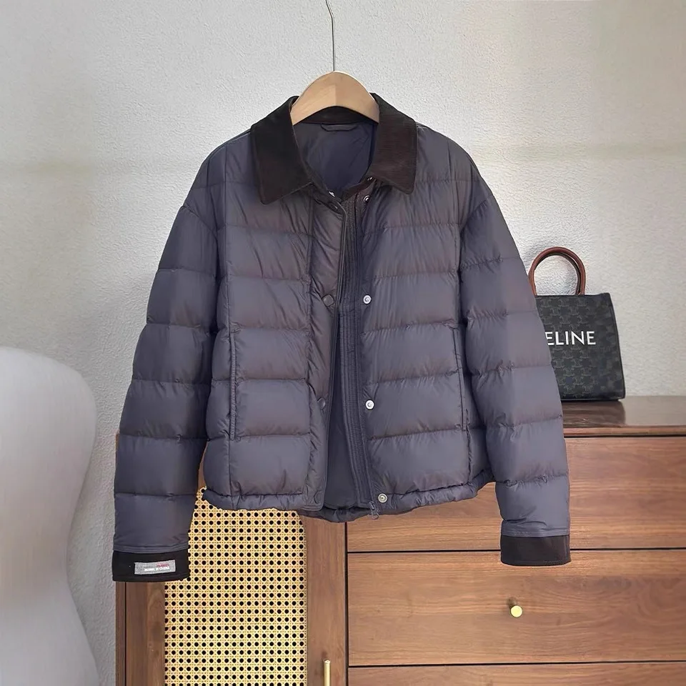 Lightweight Lapel Down Jacket for Women Short Length with Corduroy Splicing Fashionable and Versatile Korean Loose Warm Jacket